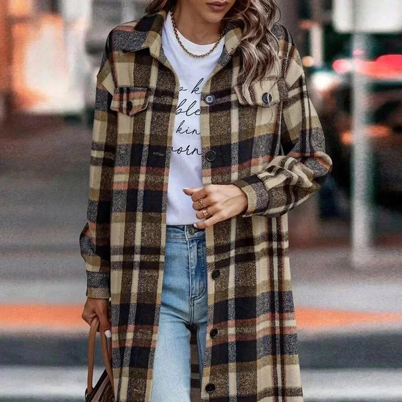 Navy Blue Elegant Women's Plaid Long Sleeve Button Up Shacket - Picture 2 of 4